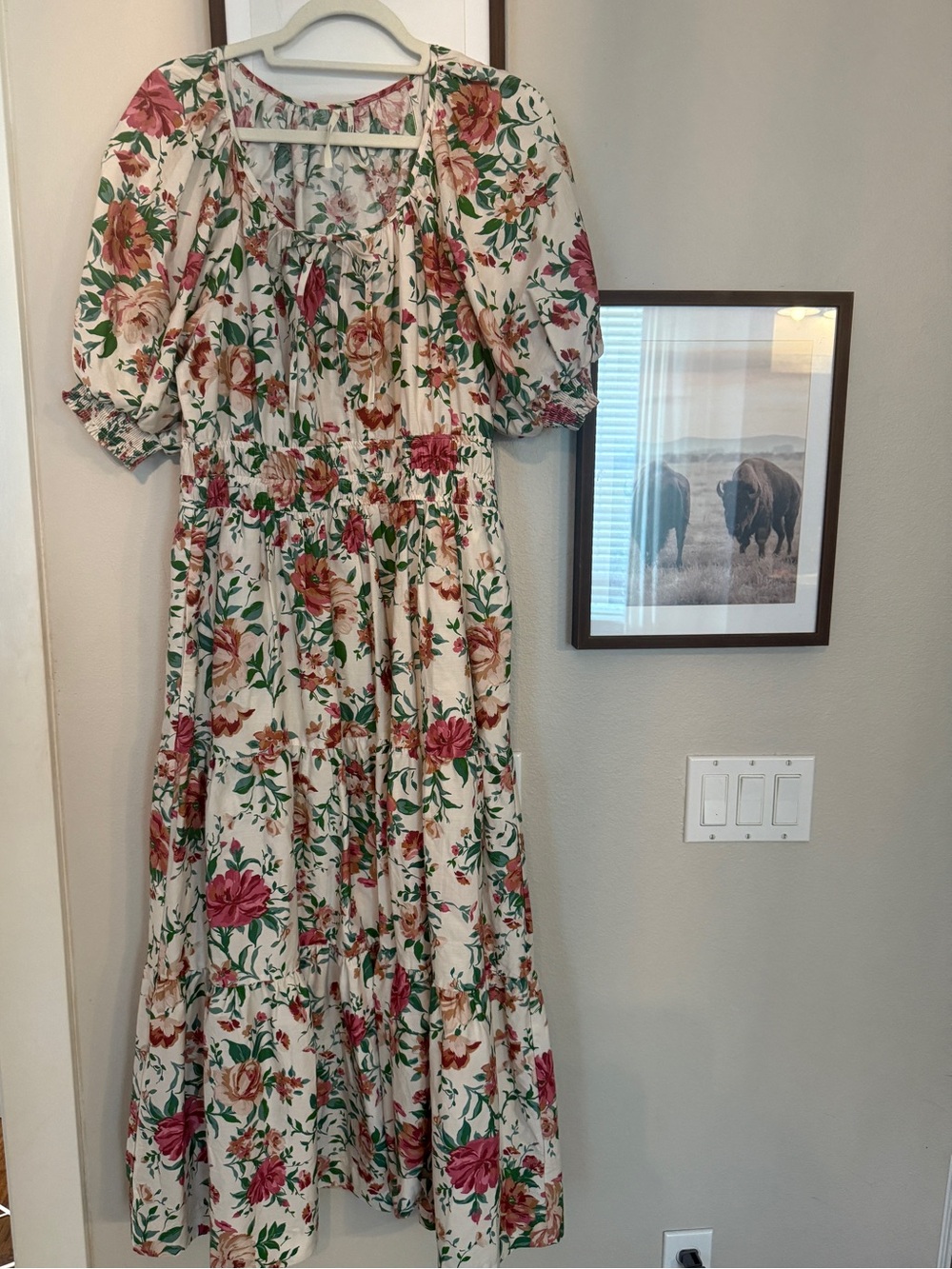 Anthropologie Cream Maxi Dress with Rose and Green Floral Print